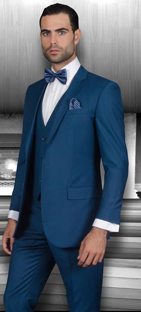 men's Teal Suit Slim narrow Style Fit Suits for Online Three Piece Cobalt ~ Indigo~ ~ Slate Blue Vested Suit 