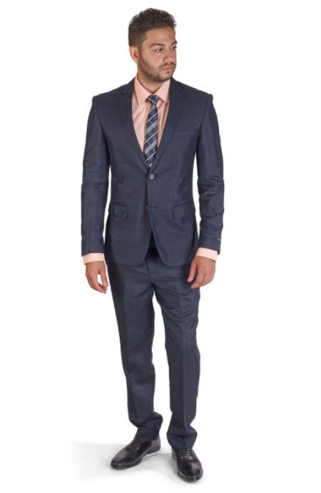  Navy Plaid 2 Button Style Notch Lapel Suit Slim narrow Style Fit Flat Front Pants Clearance Sale Online