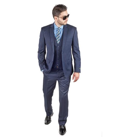  Navy Blue Shade 3 Piece Suit Slim narrow Style Fit With Double Vested Notch Lapel Clearance Sale Online