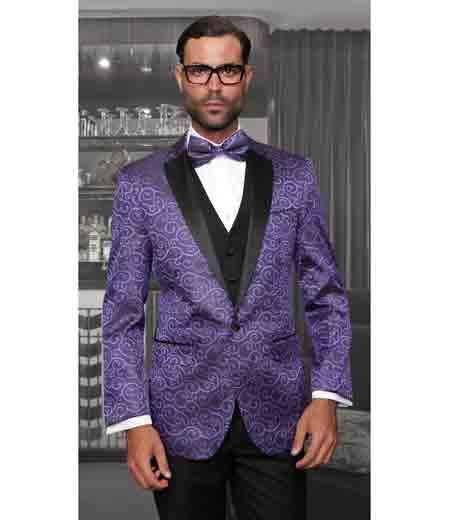  Purple color shade 3 Piece statement attire brand Black and Purple Tuxedo Vegas Modern Fit Bellagio Suits Clearance Sale Online