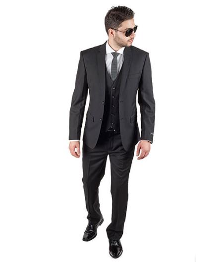  3 Piece Slim narrow Style Fit Double Vested Notch Lapel Liquid Jet Black Suit Clearance Sale Online
