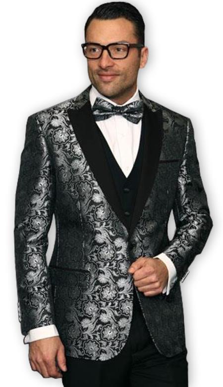  men's Black Unique Shiny Fashion Prom ~ Shiny Flashy Paisley Blazer ~ Sport Coat Jacket Suit Vested & Pants Included  Perfect For Prom Clothe - Prom Outfits For Guys