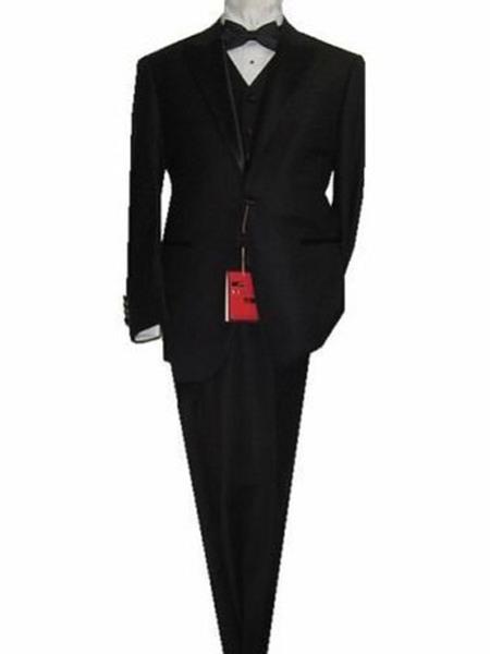 Authentic Mantoni Brand Peak Lapel 1 Button Style Solid Liquid Jet Black 1920s tuxedo style Suit 