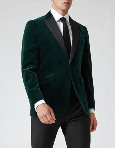  Men's Single Breasted Dark Green Slim-fit Velvet Peak Lapel Blazer
