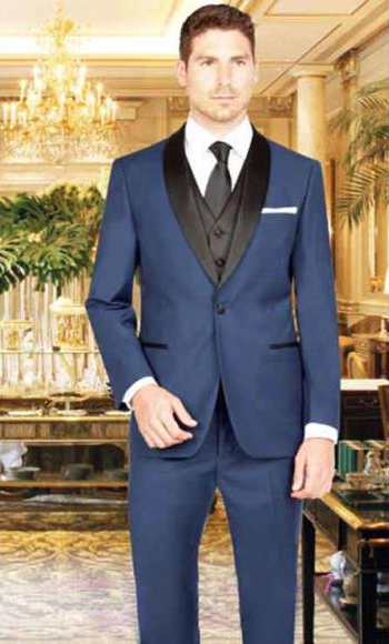  Men's 1 Button Shawl Lapel French Blue Single Breasted Vest Tuxedo Suit