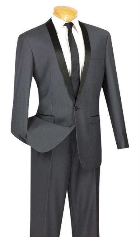 Two Toned Lapel Sleek 1-Button Shawl Plain Front Grey Tuxedo