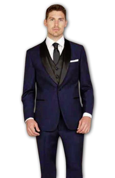  Men's 1 Button Shawl Lapel Slim Fit Ink Blue Single Breasted Vest Tuxedo Suit