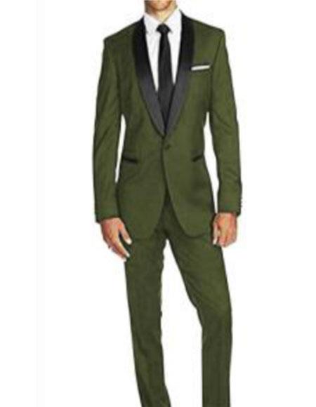  Men's Single Breasted 1 Button Shawl Lapel Olive Green Suit for Men