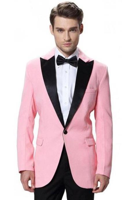  Men's Single Breasted Black Lapel Tuxedos Pink Jacket with Black Pant One Button Elegant Wool Slim Fit Wedding Suit