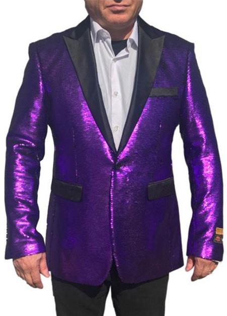 Alberto Nardoni Best men's Italian Suits Brands Shiny Flashy Sequin Black and Purple Tuxedo Black Lapel paisley look Purple sport jacket ~ coat