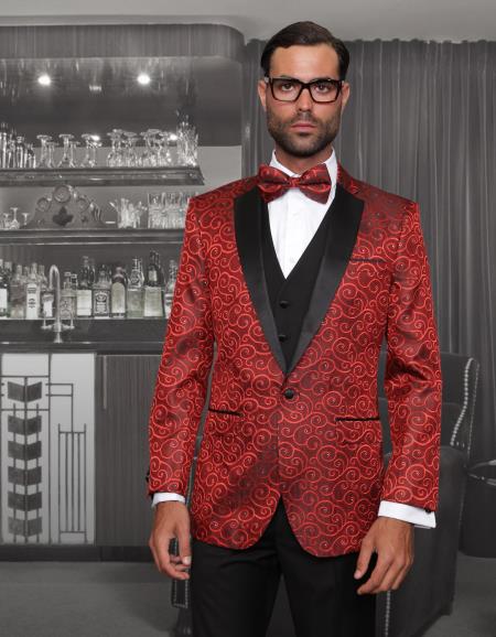  men's Floral Designed Black Notch Lapel Red~Black tuxedo dinner jacket Clearance Sale Online