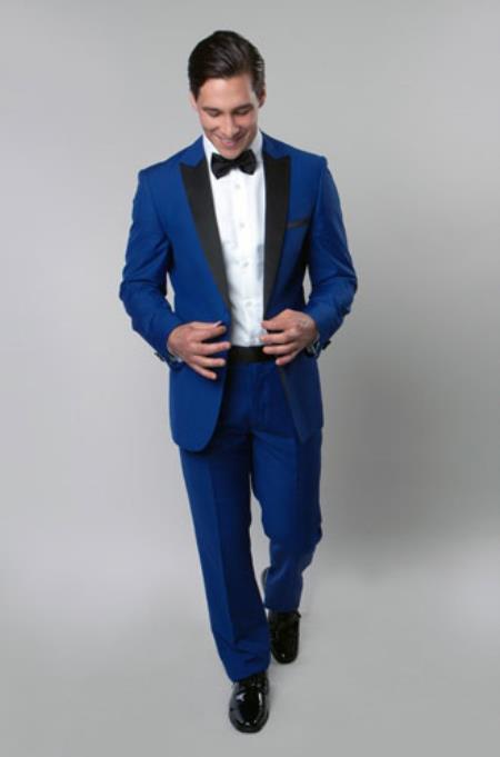 1 Button Style Royal Blue Suit For Men Perfect  pastel color Tuxedo Liquid Jet Black Lapeled Suit Dinner Jacket Clearance Sale Online