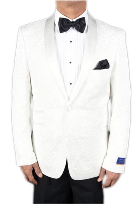  men's Super 150's Viscose Blend 1 Button White Tuxedo Floral Pattern Single Breasted Dinner Jacket