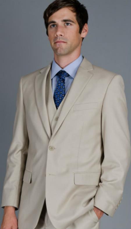 Mens Three Piece Suit - Vested Suit Notched Lapel 2-Button Vested Suit Beige 