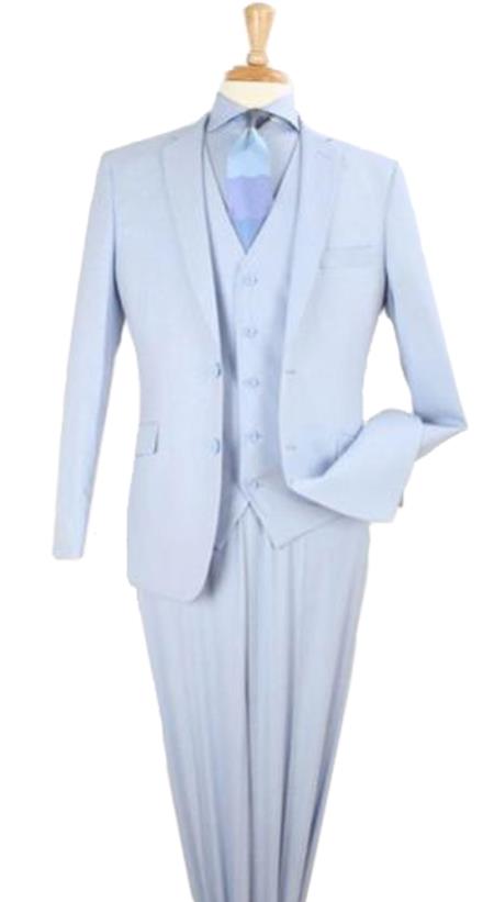  Mens 3 Piece modern fit Poly Rayon vested blue suit Flat Front Pants - Light Blue Suit - Sky Blue Suit
