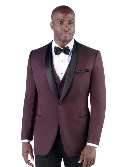  Men's 2 Button Slim Fit Single Breasted Burgundy Shawl Lapel Suit