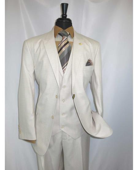  2 Button Style Egg Shell Single Breasted Peaked Lapel Jacket With Vested Athletic Cut Suits Classic Fit 