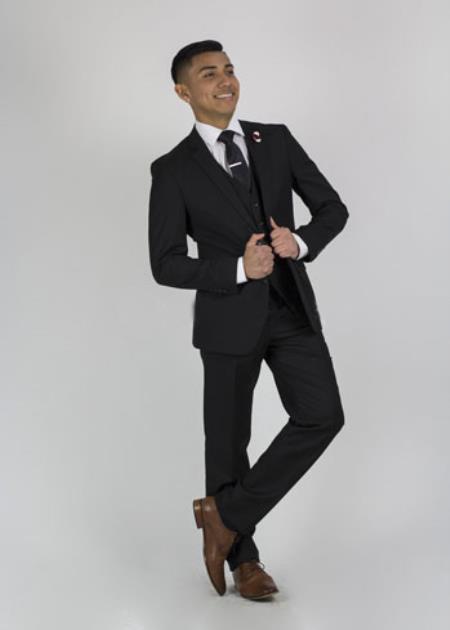 Notch Lapel 2 Button Style Slim narrow Style Fit Suit Black