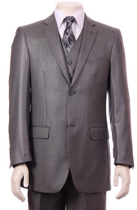 Regular Fit Two 2 Button Style Vested Athletic Cut Suits Classic Fit  Jacket + Pants + Vest Pleated Slacks Pants Side Vents With Sheen Sharkskin mini pattern Gray