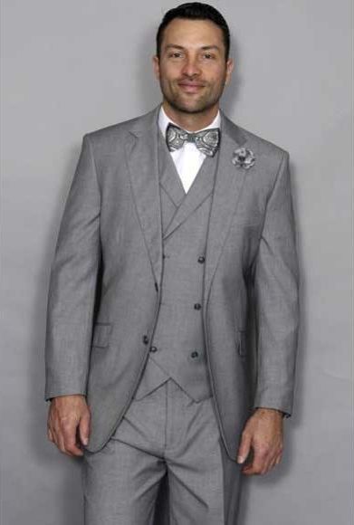  Mens Statement Suit Italian Style Wool Notch Lapel 3 Piece Double Breasted Vest Grey Suit