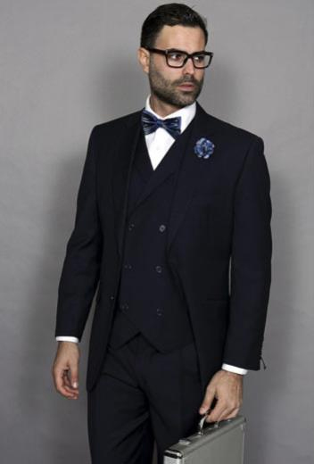  Mens Statement Suit Italian Double Breasted Vest Navy 3 Piece Wool With Pleated Pant