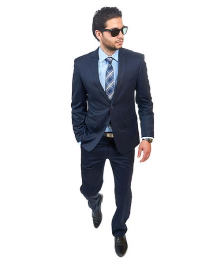  Notch Lapel Slim narrow Style Fit 2 Button Style Suit Cotton Blend Solid Navy Blue Shade Clearance Sale Online