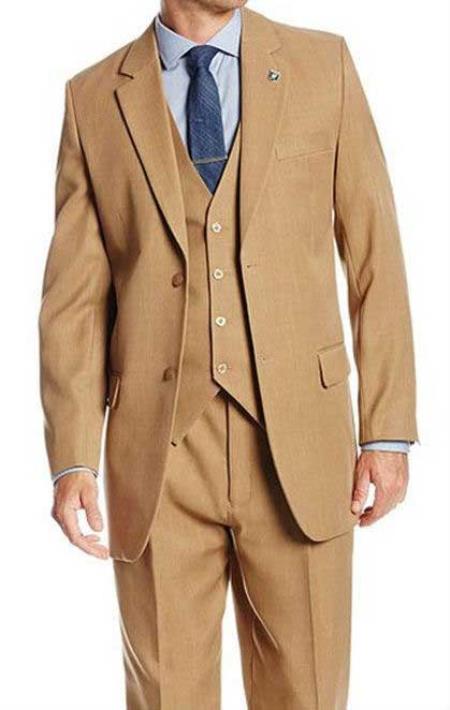 Mens Three Piece Suit - Vested Suit Mens Solid Tan 2 Button 3 Piece Suit Camel - Bronze Color - Flat Front Pants - Modern Fit