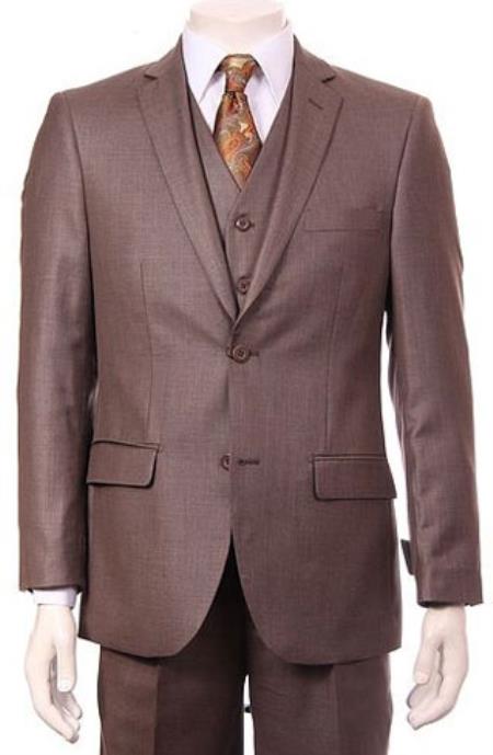 Regular Fit Two 2 Button Style Vested Athletic Cut Suits Classic Fit  Jacket + Pants + Vest Pleated Slacks Pants Side Vents With Sheen Sharkskin mini pattern Taupe