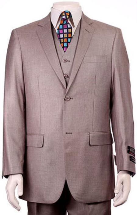 Regular Fit Two 2 Button Style Vested Athletic Cut Suits Classic Fit  Jacket + Pants + Vest Pleated Slacks Pants Side Vents With Sheen Sharkskin mini pattern H.Taupe