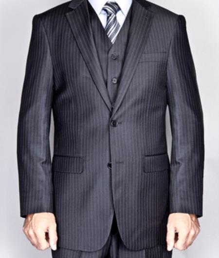 Mens Three Piece Suit - Vested Suit Liquid Jet Black Pinstripe 2-Button Vested Suit 