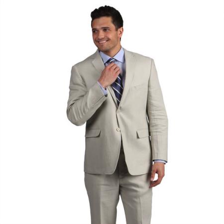  2 Button Style Tan khaki Color Notch Lapel Classic Linen Side Vent Suit