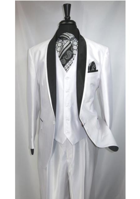  3 Piece One Button Single Breasted Shawl Lapel Suit ( Jacket and Pants)  For Men with Liquid Jet Black Satin Trim Collar White 