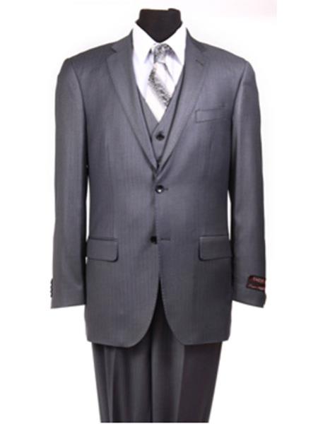 Dark Grey Masculine color Grey ~ Blue ~ Navy Stripe ~ Pinstripe Vested 3 Piece Suit No Pleated Slacks pants Side vented regular cut Conservative 