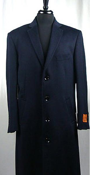  Men's 4 Button Wool Blend Single Breasted Navy Blue Bravo Top Overcoat