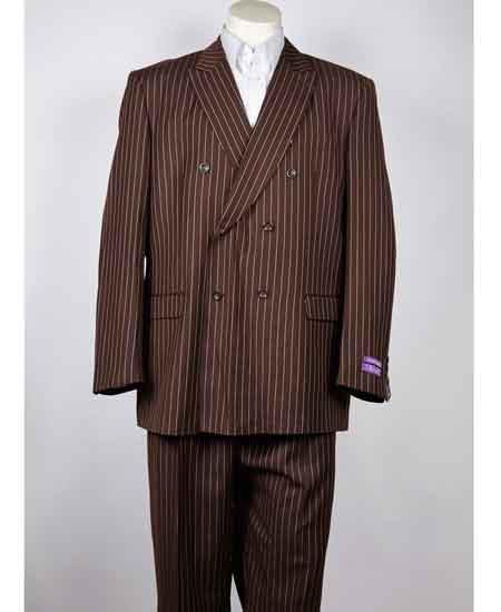  Classic Fit Double Breasted Pinstripe 6 Button Peak Lapel brown color shade Suit