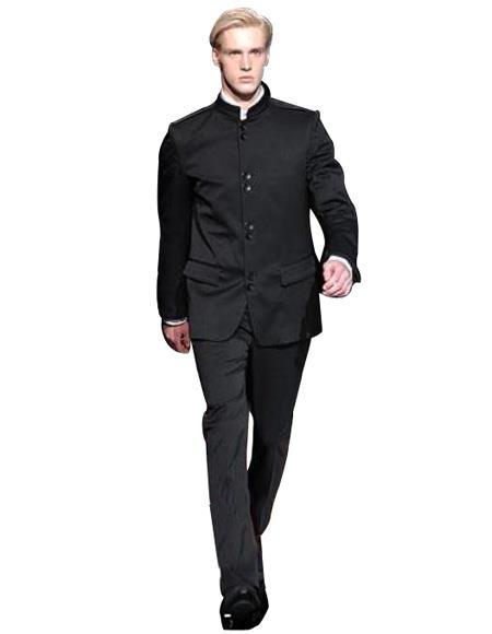 Superior Fabric High Quality Exclusive Style and Cut 8 Button Liquid Jet Black no collar mandarin Banded Collar Suits for Online 