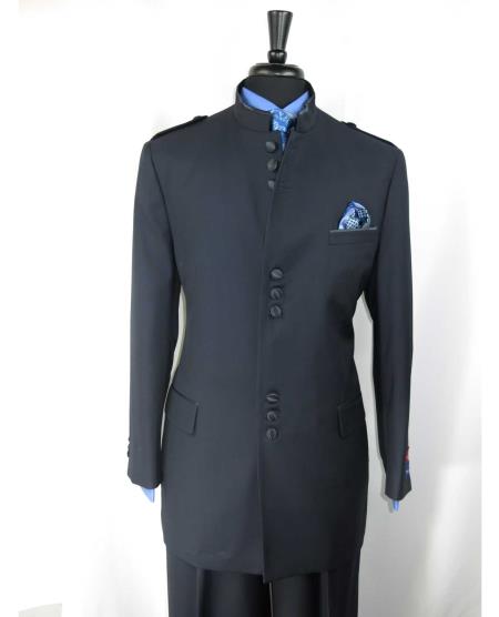  Single Breasted no collar mandarin Banded Collar With 9 Button Closure Suit Navy Blue Shade