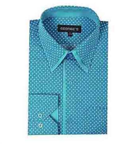 Mens Turquoise Dress Shirt Mini Polka Dot Design Aqua Classic Fit Dress Shirt