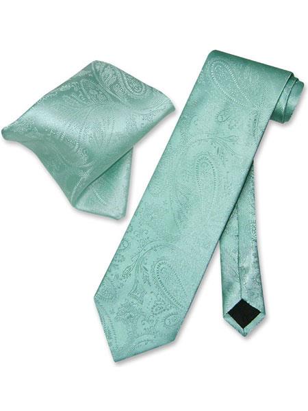  Men's Trendy Paisley Pattern Aqua Green Neck Ties With Hanky 