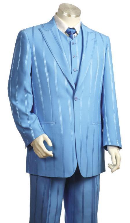 men's Reflective Stripe Besom Pocket Single Breasted Baby Blue Zoot Suit