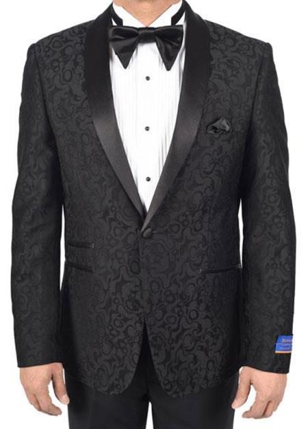  men's Super 150's Viscose Blend 1 Button Black Tuxedo Modern Geometric Pattern Satin Shawl Lapel Dinner Jacket