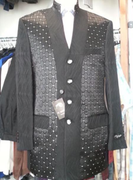 Liquid Jet Black Patterned no collar mandarin Collar 4 Button Style Suit 