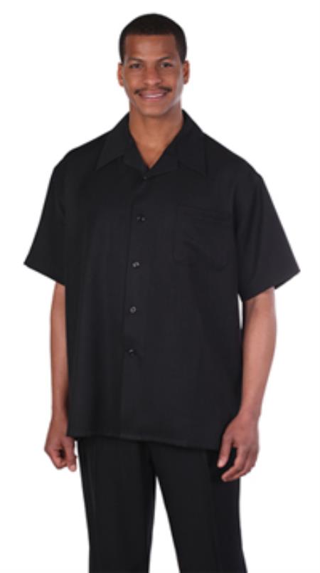 Leisure Walking Suit Shirt & Pleated Slacks Pants Liquid Jet Black Short Sleeve trendy casual Sets 