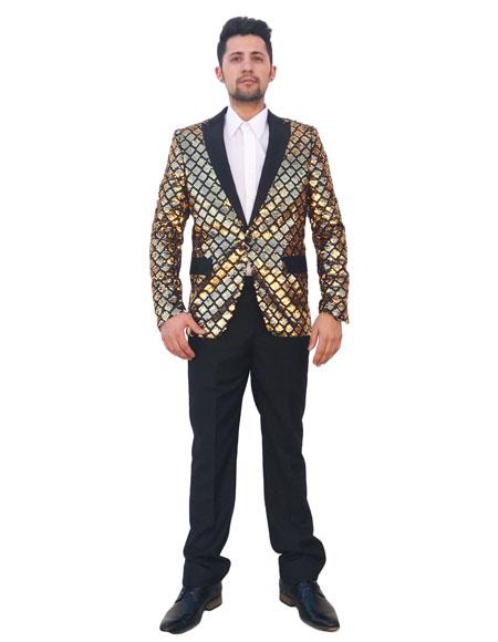 Men's Unique Shiny Flashy Fashion Prom Sequin 2 Button Black Peak Lapel Gold Checked Pattern Blazer ~ Suit Jacket ~ Sport Coat Perfect For Prom Clothe - Prom Outfits For Guys