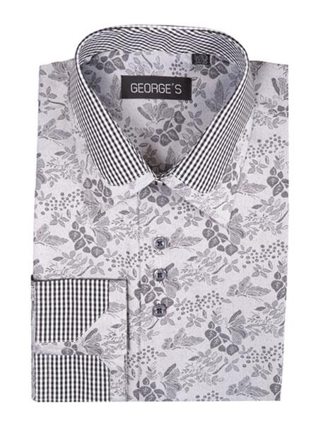  Men's Floral Pattern Classic Fit Cotton Blend Standard Cuff Black Shirt