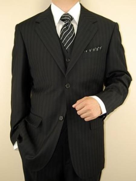 Liquid Jet Black tone on tone Stripe ~ Pinstripe Vested 3 Piece three piece suit - Jacket + Pants + Vest 
