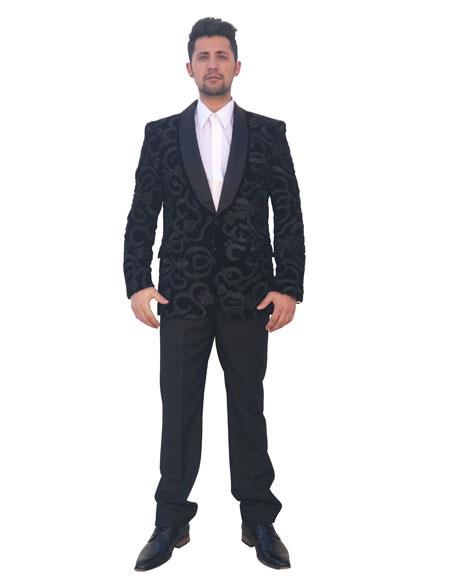  Men's Single Breasted 2 Button Shawl Lapel Black Floral Pattern Blazer ~ Sport Coat