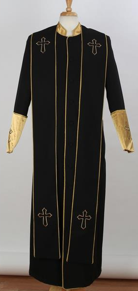  Men's Big & Tall Mandarin Collar Church Cross Accent Robe With Stole Black/Gold Suits