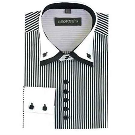  Liquid Jet Black Long Sleeve Dress Shirt Two Tone Striped White Collared Contrast 