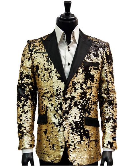  Men's 2 Button Single Breasted Black Matte Gold Sequin Pattern Blazer ~ Suit Jacket